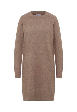 Robe en maille marron avec un col rond, des manches raglan longues et des poignets côtelés. Le tissu a une texture douce et une coupe décontractée.