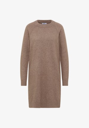 Vestito marrone lavorato a maglia con scollo rotondo, maniche raglan lunghe e polsini a coste. Il tessuto ha una texture morbida e una vestibilità comoda.