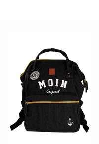Sac à dos en denim noir avec des accents de fermeture éclair jaunes, logo "MOIN Original" à l'avant et détail d'ancre. Comprend des bretelles ajustables et une poignée supérieure.