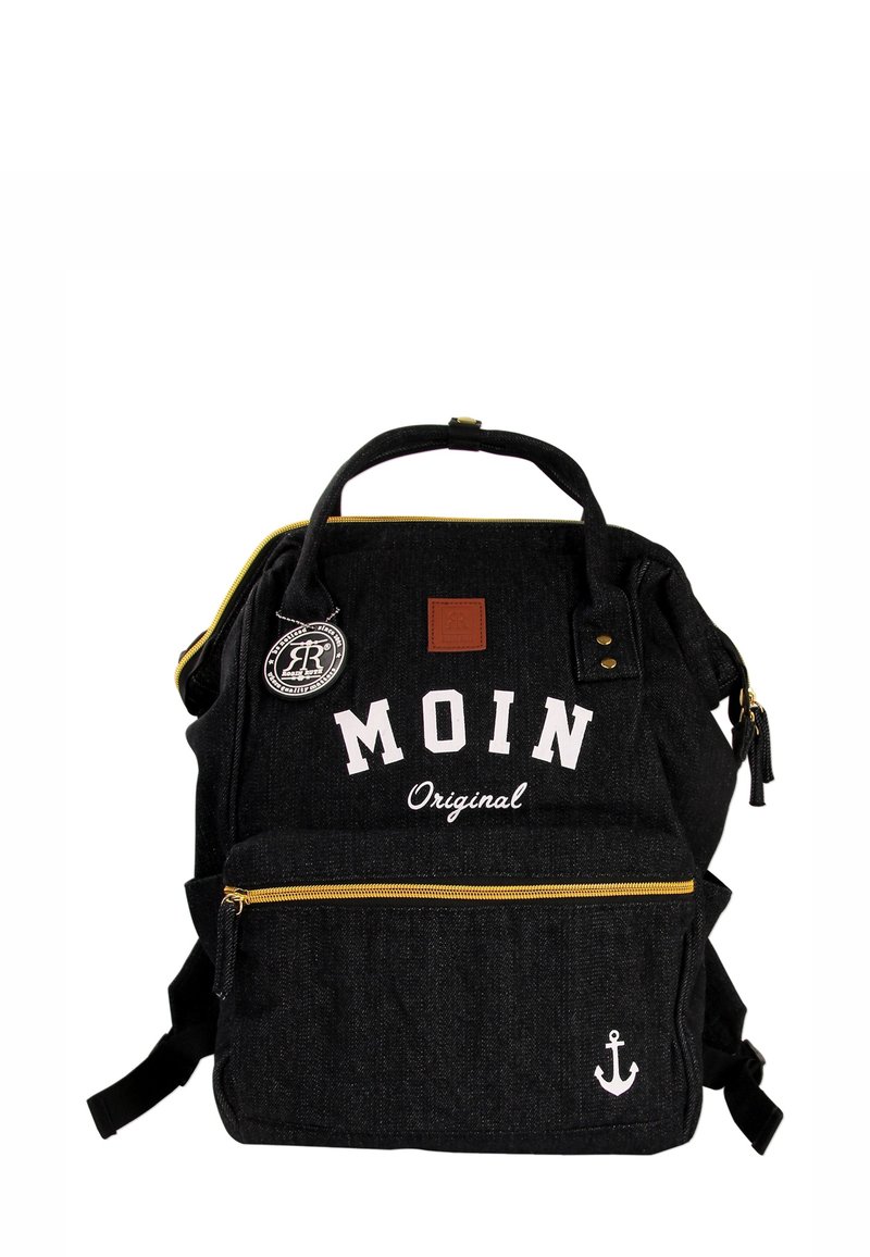 Sac à dos en denim noir avec des accents de fermeture éclair jaunes, logo "MOIN Original" à l'avant et détail d'ancre. Comprend des bretelles ajustables et une poignée supérieure.