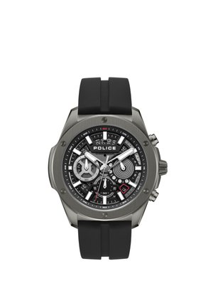 Reloj de pulsera cronógrafo de la marca Police en negro y plata con correa de goma negra y múltiples esferas auxiliares en una esfera redonda detallada.