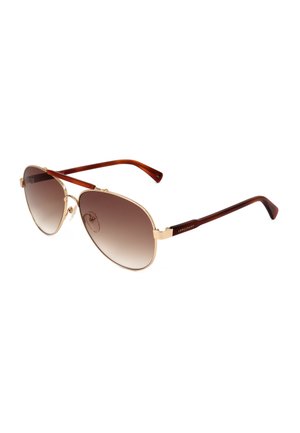 Occhiali da sole stile aviatore con montatura in metallo dorato, lenti marroni sfumate e aste in plastica marrone scuro con marchio Longchamp.