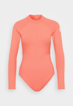 Ribbed long-sleeve swimsuit in bright coral, featuring a high neck and fitted design with seamless stitching. No visible fasteners or hardware.