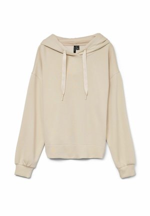 Bež hoodie s jednostavnim dizajnom, mekanim materijalom, dugim rukavima, rebrastim manžetama, podesivim vezicama na kapuljači i opuštenim krojem.