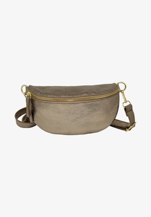 Sac en cuir bronze métallique avec un design incurvé, fermeture éclair et accessoires dorés. Comprend une sangle amovible pour des options de transport polyvalentes.
