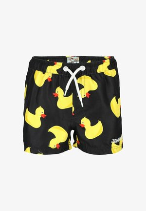 Black swim shorts made of lightweight fabric, featuring a repeated pattern of yellow rubber ducks, with a white drawstring.