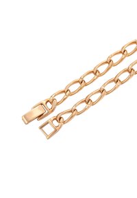 Catene d'oro con un motivo testurizzato, dotate di una chiusura rettangolare e di un anello abbinato per il fissaggio su uno sfondo bianco.