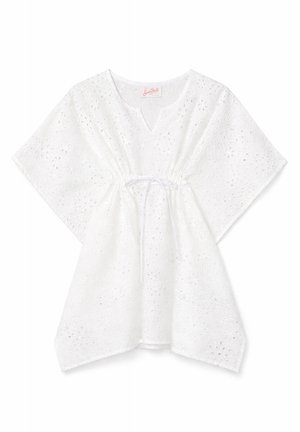 Tunika bianca a maniche corte con ricamo floreale ad occhielli, scollo rotondo con fessura a V e vita regolabile con laccio.