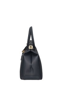 Borsa in pelle blu navy con forma strutturata, manici superiori, accessori in oro e superficie testurizzata. Presenta una chiusura con zip e una base piatta.