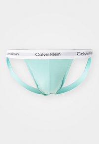 Perizoma Calvin Klein di colore azzurro chiaro con un elastico bianco che presenta testo logo nero. Tessuto liscio e design minimal.