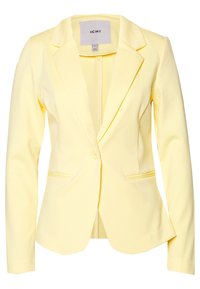 Žlutý oblekový blejzr s klopami, dvěma předními kapsami a zapínáním na jedno tlačítko. Vyrobený z hladké tkaniny se strukturovaným střihem.