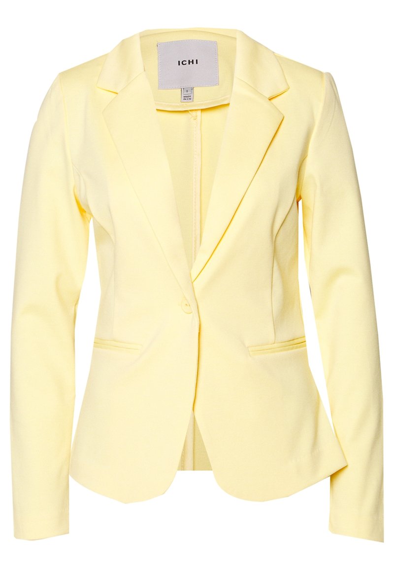 Žlutý oblekový blejzr s klopami, dvěma předními kapsami a zapínáním na jedno tlačítko. Vyrobený z hladké tkaniny se strukturovaným střihem.