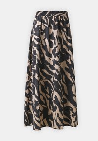 Falda maxi con un estampado abstracto de animales en negro y beige, cinturilla elástica, tejido fluido y una silueta relajada.