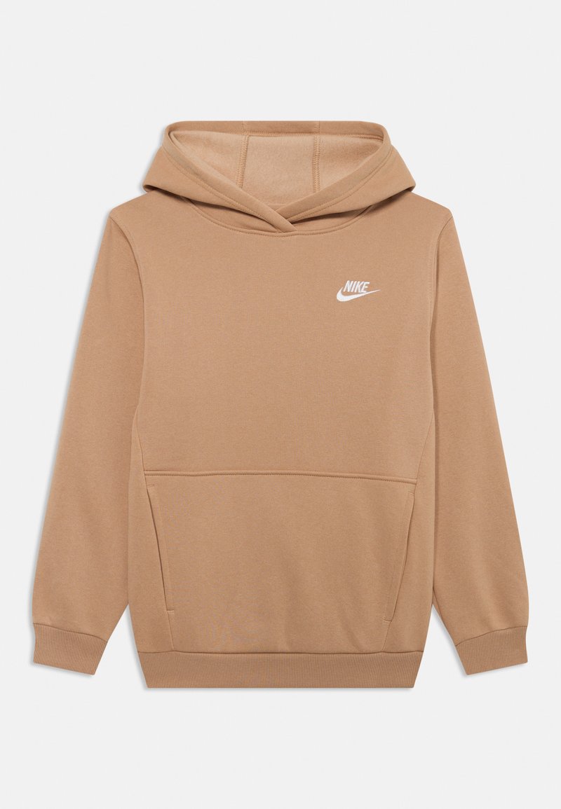 Hanorac cu glugă de culoare maronie, fabricat dintr-un material moale. Are o pungă frontală de tip kangaroo și un logo alb Nike pe piept. Manșetele și tivul sunt ribanați.