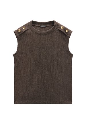 Brązowy bezrękawnik z teksturowanej tkaniny, z prążkowanym dekoltem i dwoma złotymi guzikami na każdym ramieniu.