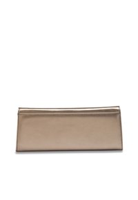 Clutch de bronce metálico con una textura suave, forma rectangular y líneas limpias. Presenta una apertura superior con un sutil detalle de costura.