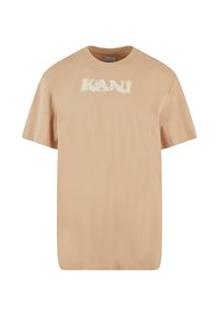 Beige cotton T-shirt with short sleeves, crew neck, and a graphic "KANI" print in light colors at the center. Soft texture, casual fit.