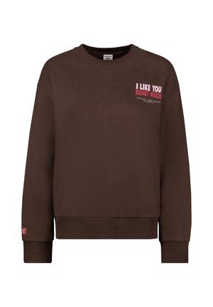 Brauner Sweatshirt mit rundem Ausschnitt, gerippten Bündchen und Saum. Auf der Vorderseite befindet sich ein pinkfarbener Text: "I LIKE YOU BEARY MUCH."