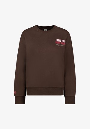 Brauner Sweatshirt mit rundem Ausschnitt, gerippten Bündchen und Saum. Auf der Vorderseite befindet sich ein pinkfarbener Text: "I LIKE YOU BEARY MUCH."