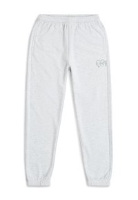 Lichtgrijze joggingbroek met een elastische tailleband, zijzakken en strakke boorden. Voorzien van een klein decoratief logo in teal.