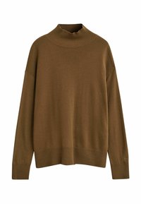 Brauner Langarmrollkragenpullover mit geripptem Kragen, Bündchen und Saum, der eine lockere Passform und überschnittene Schultern bietet.
