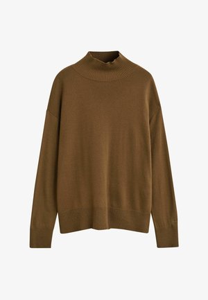 Brauner Langarmrollkragenpullover mit geripptem Kragen, Bündchen und Saum, der eine lockere Passform und überschnittene Schultern bietet.