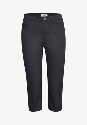 Ciemnoszare, krótkie dżinsy wykonane z mieszanki bawełny. Posiadają pięć kieszeni, zapięcie na guzik i zamek błyskawiczny oraz szlufki na pasek. Gładka tekstura.