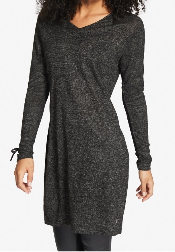 Langärmliges V-Neck-Tunikakleid aus schwarzem Melange-Stoff mit lockerer Passform und subtiler Textur. Mit Kordelzugdetails an den Bündchen.