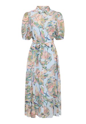 Midi-jurk met knopen, korte pofmouwen, taillekoord en pastelkleurige bloemenprint op lichtblauwe stof.