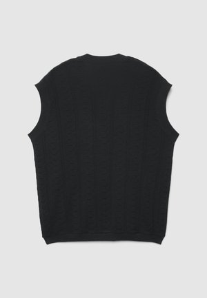 Maglione nero senza maniche in maglia, caratterizzato da un motivo a linee verticali e un bordo a coste intorno al collo e all'orlo.