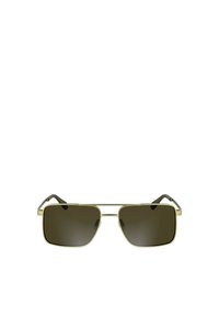 Occhiali da sole con montatura in metallo dorato e lenti verde scuro. Lenti quadrate e aste sottili con accenti neri. Texture liscia e design minimale.