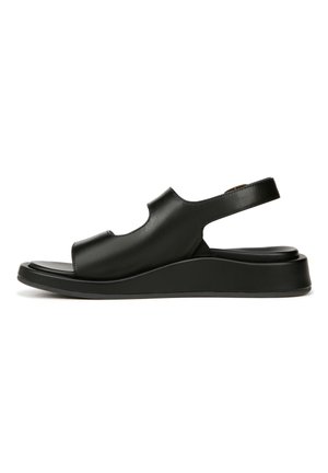 Black leather sandals with a slingback design, open toe, and a thick, cushioned sole. Smooth texture with minimal hardware details.