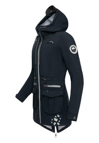 Navy waterproof jacket with a hood, multiple front pockets, and zip closures. Features grey accents and a reflective geometric pattern.