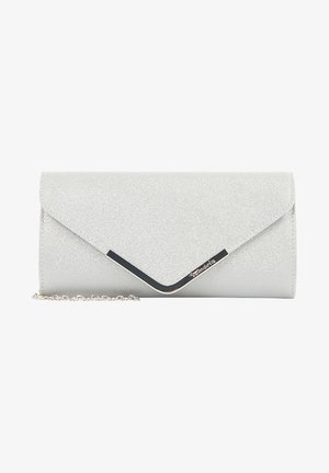 Zilverkleurige metalen clutch met een V-vormige zwart-zilveren accenten en een fijne zilveren kettingband.