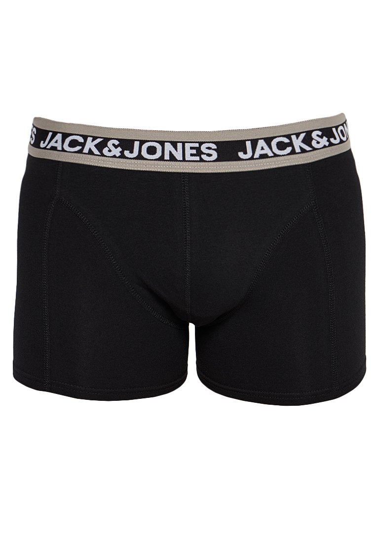 Boxer shorts negros con una cinturilla elástica beige en contraste que presenta "JACK & JONES" en texto blanco. Fabricados con material elástico.