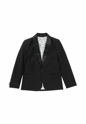 Blazer noir à bouton unique avec revers en satin et doublure intérieure blanche à motif, présenté à plat avec manches longues et poches avant.