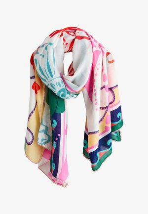 Kerge sall mitmevärviliste abstraktsete mustritega roosas, rohelises, sinises, kollases ja punases toonis, lahtiselt viidud ja sõlmitud.