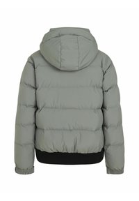 Pufferjack in lichtgrijs met een capuchon. Kenmerken zijn horizontale panelen, elastische manchetten en een zwarte zoom bij de taille. Zachte textuur.