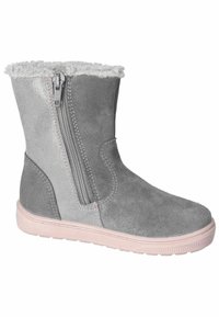 Stivaletti alla caviglia in suede grigio con suola in gomma rosa, zip laterale e rivestimento in peluche nella parte superiore. Texture liscia con dettagli di cucitura a contrasto.