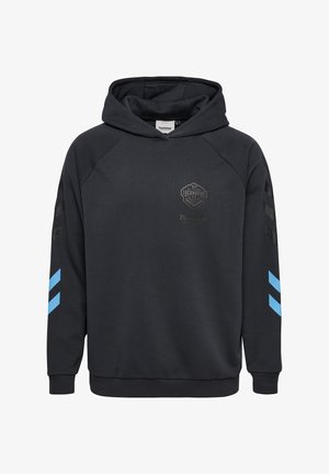 Svart huvtröja med raglanärmar, med en logotyp på bröstet och blå chevron-accenter på ärmarna. Mjuk, texturerad tyg.