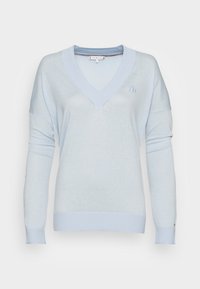 Hellblaues V-Ausschnitt-Pullover mit langen Ärmeln, gerippten Bündchen und Saum, mit einem kleinen gestickten Logo auf der Brust. Weicher Stoff.
