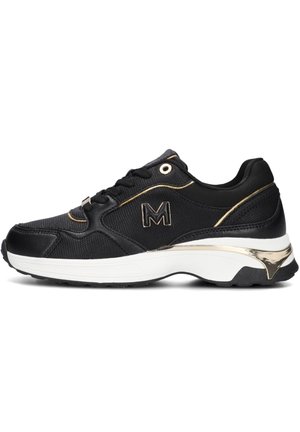 Black athletic shoe with a textured upper, gold accents, padded collar, and a sculpted white sole. Features a logo on the side.