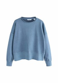 Sudadera corta azul de tejido suave; cuenta con cuello redondo, hombros caídos y puños y dobladillo acanalados.