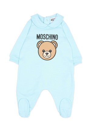 Jasnoniebieski body niemowlęcy z długim rękawem, kołnierzykiem typu Peter Pan, napisem Moschino oraz uśmiechniętą buzią misia na piersi.