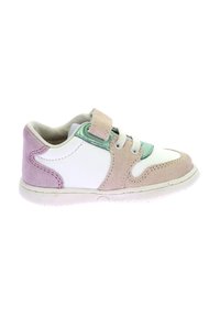 Sneaker multicolore con pelle bianca, suede rosa e dettagli verdi. Progettato con una fascia in velcro e punta tonda. Suola in gomma texture.