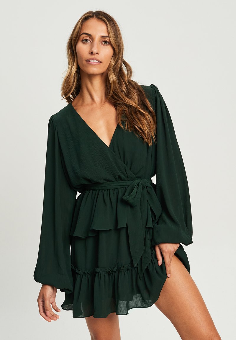 Maya Deluxe Maxi-jurk voor dames, bruidsmeisje, V-hals, baljurk met korte mouwen, lang, elegant, empire-taille, bruiloft, Misty Groen, 54