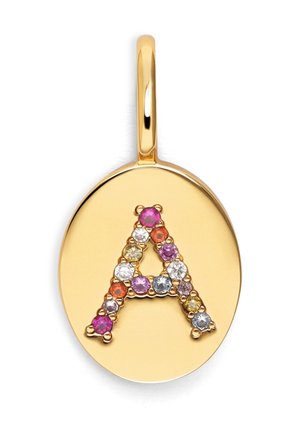 Zlatý oválný přívěsek s velkým písmenem "A" zdobeným barevnými drahokamy, včetně růžových, průhledných a žlutých kamenů.