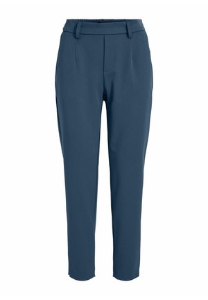Pantaloni su misura in tessuto blu scuro, con una consistenza liscia, vita elastica, pieghe frontali e gamba affusolata. Senza tasche.