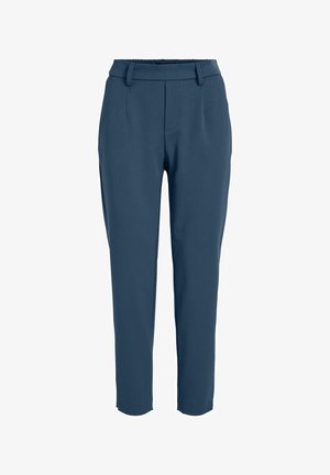 Pantalon sur mesure en tissu bleu foncé, avec une texture lisse, une taille élastique, des plis avant et des jambes fuselées. Sans poches.