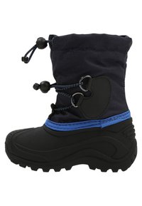 Black waterproof winter boot with blue accents, a padded nylon upper, adjustable drawstring closure, and a textured rubber sole.